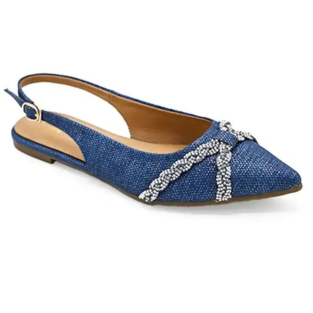 Stylish Navy Blue Slingback Flats with Rhinestone Detail | Pointed Toe Flats